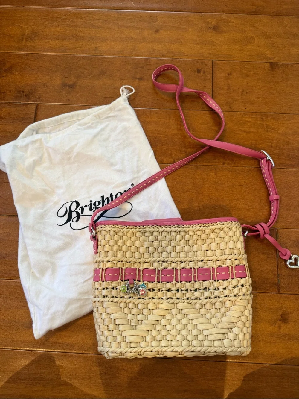 Brighton Raffia and Pink Leather Y2K Bag with Bag charm and heart details